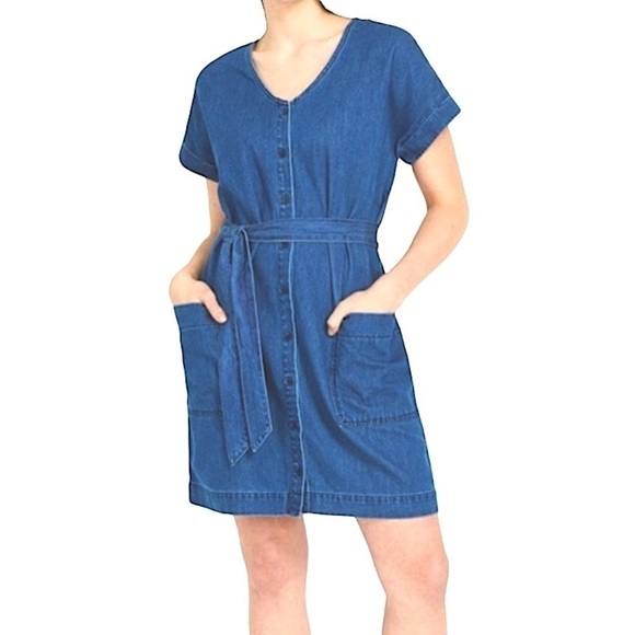 FRANK & Oak Blue Chambray Denim Shirt Dress Tencel Belted Roll Short Sleeve Sz S - Picture 1 of 14
